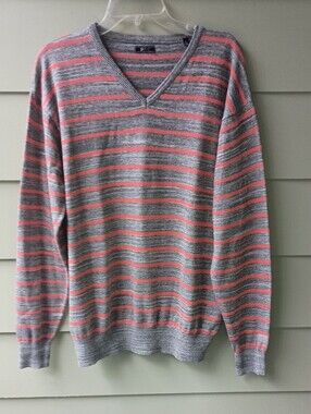 PD&C Mens Gray and Coral Striped V-Neck Long Sleeve Sweater Sz L